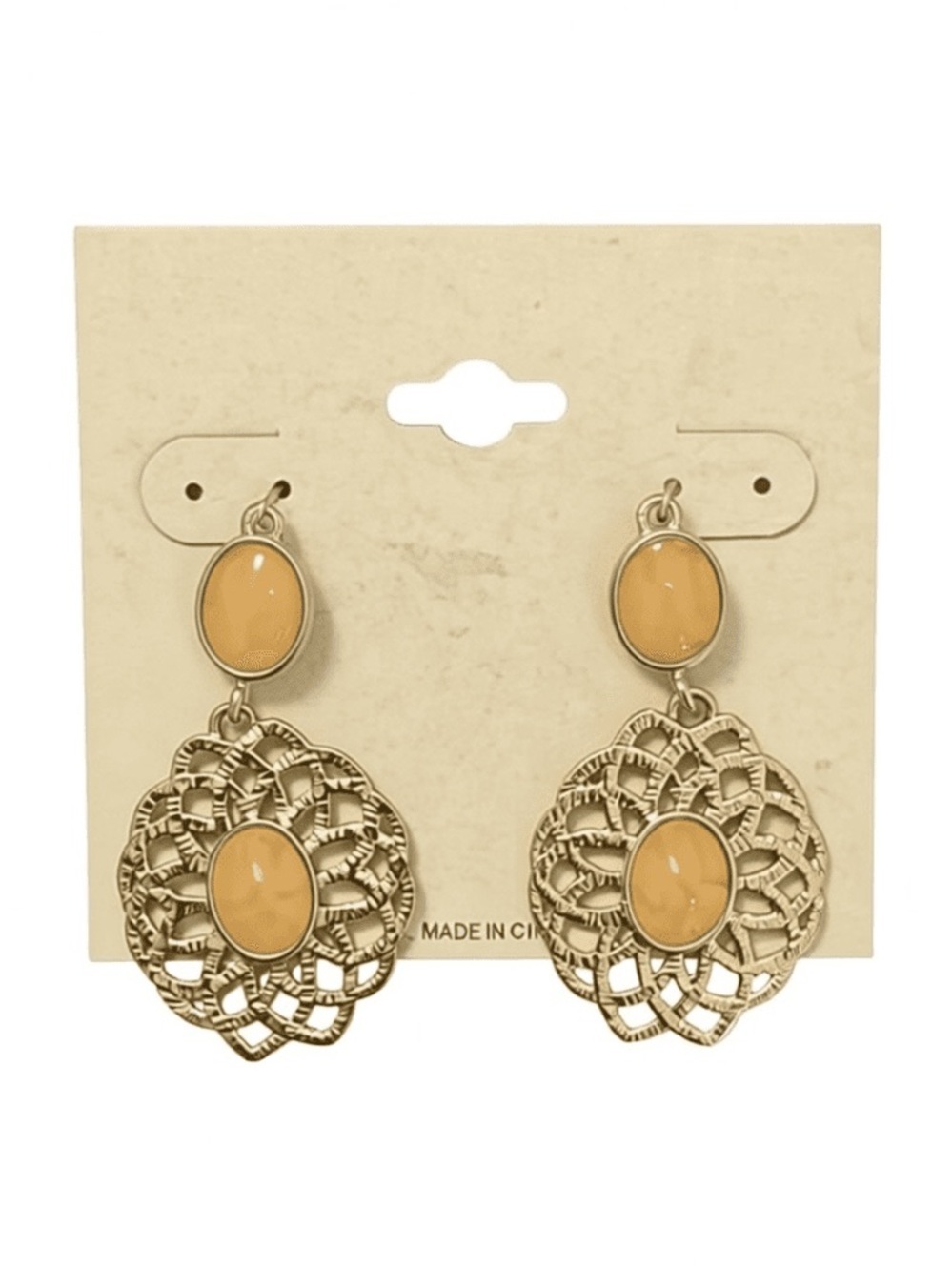 Gold Filigree Drop Earrings with Yellow Stone